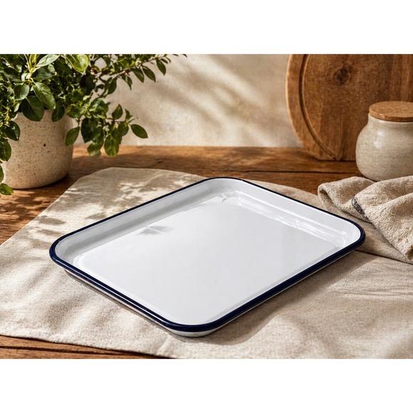 Unbranded Other - Vintage Enamelware Serving Tray White with Navy Blue Rim Rectangular 12x8 Metal